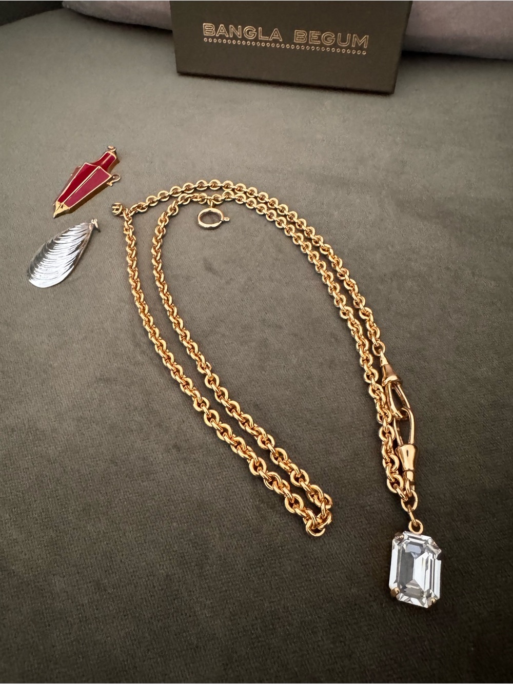 Lovers necklace - Gold-Tone Chain Necklace with Emerald-Cut Pendant + charms